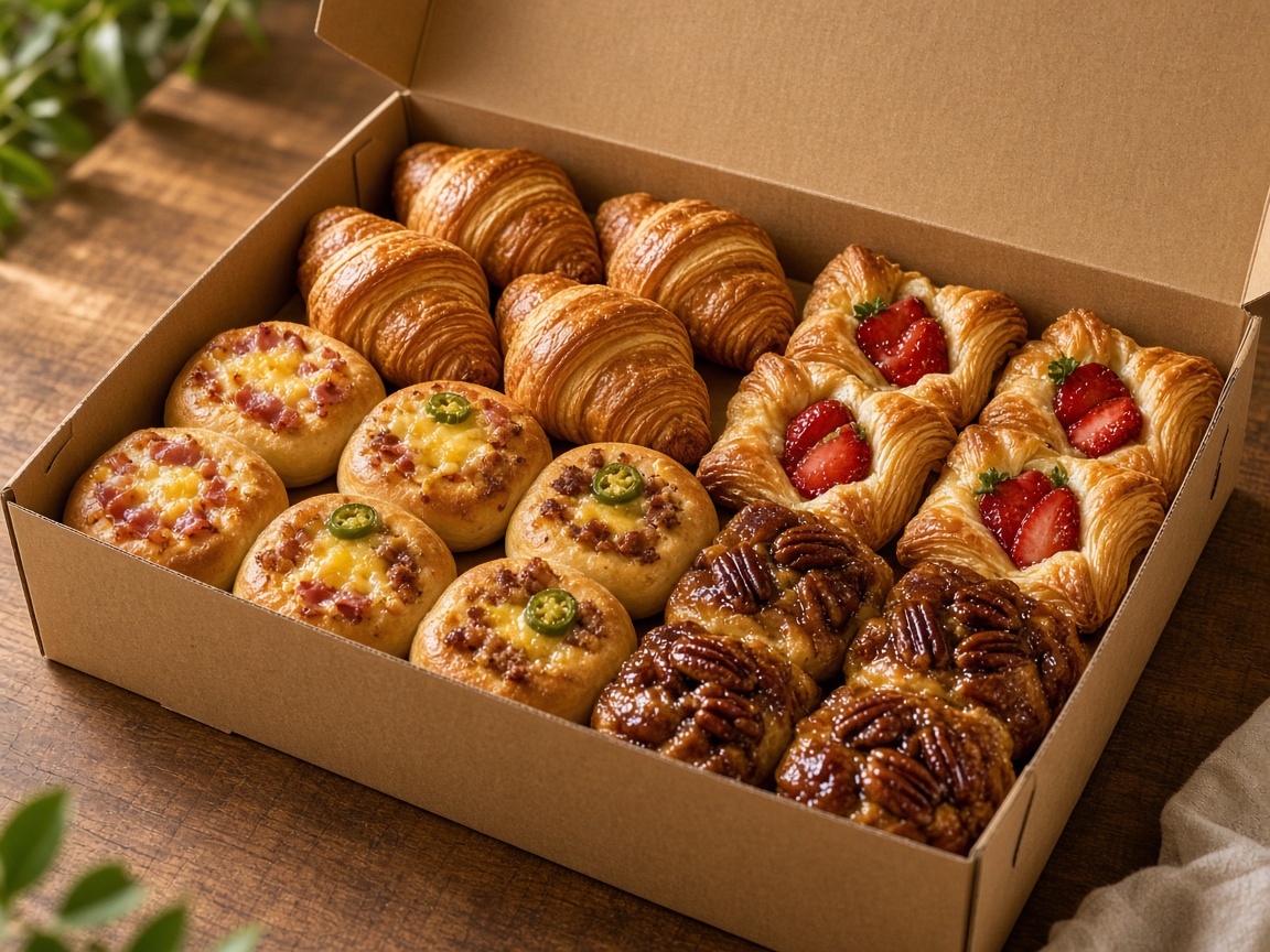 An open pastry box with croissants, kolaches, sticky buns and strawberry danishes