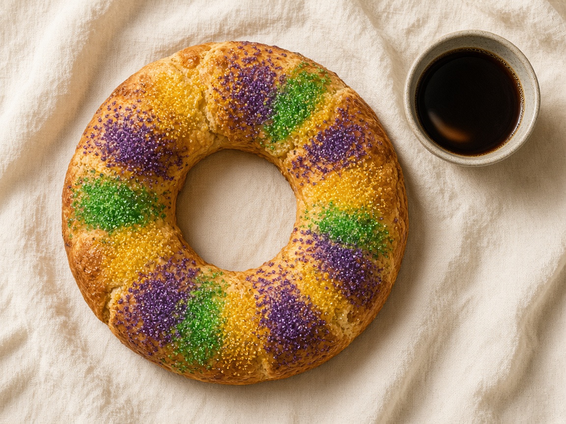 A Louisiana king cake with purple, green and gold sugar